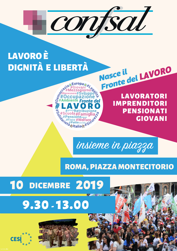 LAVORO: DA CONFSAL MANIFESTO PROGRAMMATICO, MANIFESTAZIONE IL 10/12